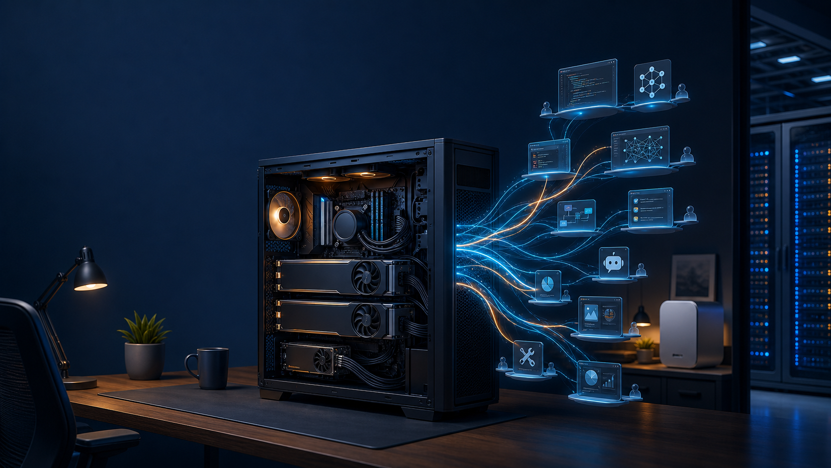 Concept illustration of a local AI workstation serving several continuous workloads