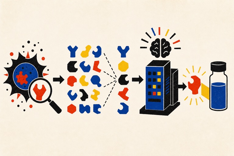 Editorial illustration of AI screening biomedical candidates for lab work