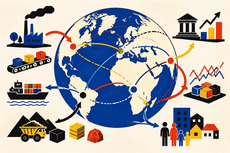Editorial illustration of a globe connected by economic and resource flows