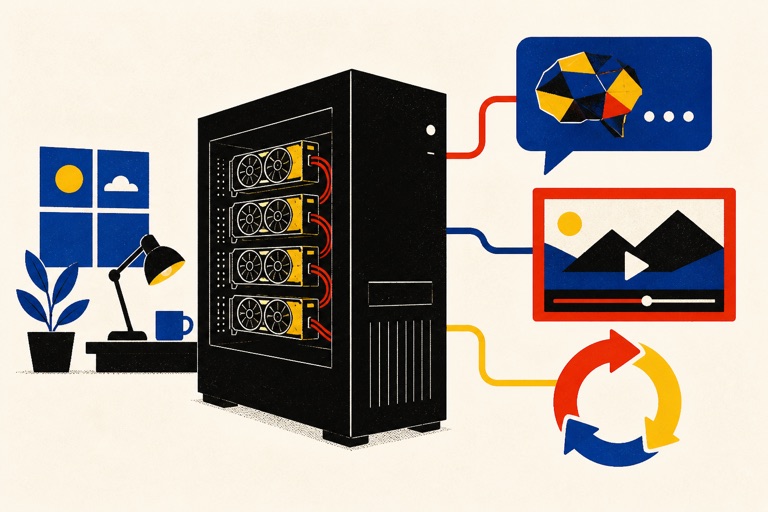 Editorial illustration of a multi-GPU local AI workstation