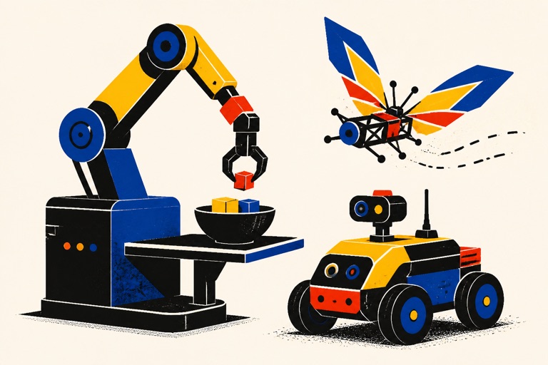 Editorial illustration of three purpose-built robots