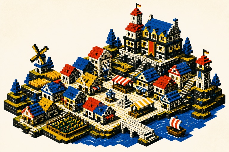 Editorial illustration of a detailed voxel medieval settlement