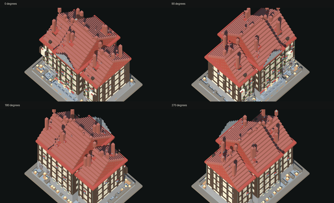 Original Voxel Sovereigns artbook render showing a detailed patrician house from four angles