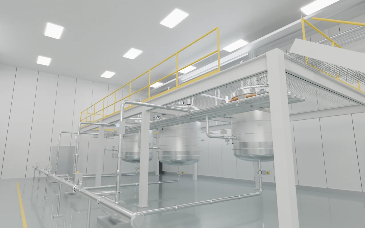 Reinraum mit drei Edelstahlbehältern auf einer Bühne, Rohrleitungen, Treppe, CIP-Anlage und einer Isolator-Abfüllanlage