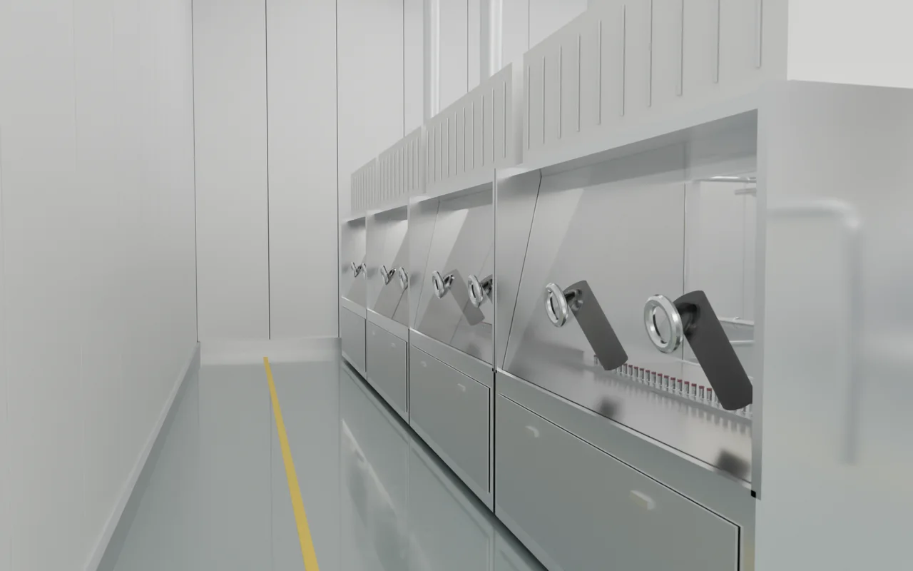 Isolator-Abfülllinie mit Glasfront, Handschuheingriffen, HEPA-Hauben und Bedienpanel