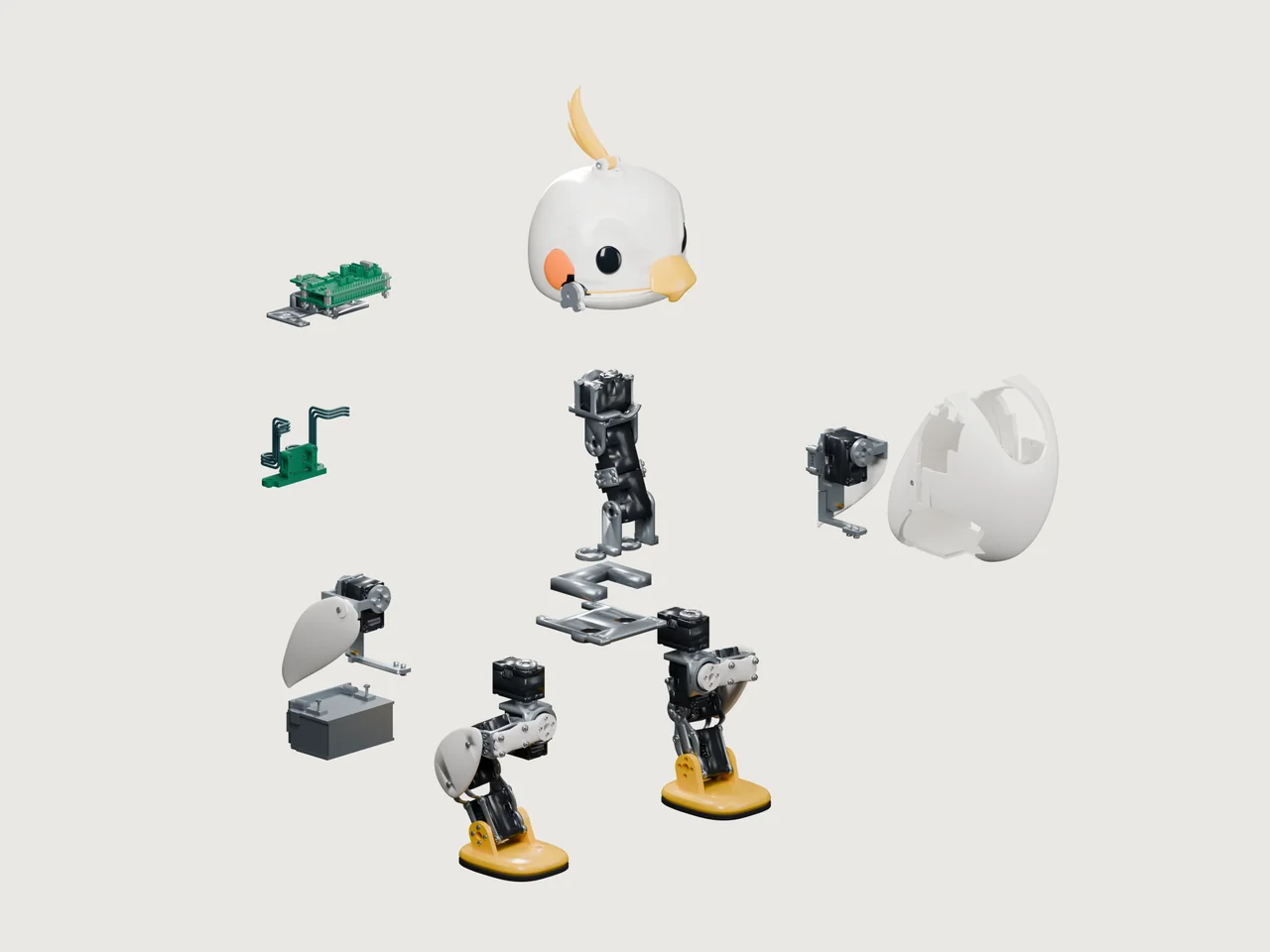 Explosionsansicht des vogelförmigen Roboters Cockatiel mit Kopf, Rahmen, Elektronik und Beinbaugruppen