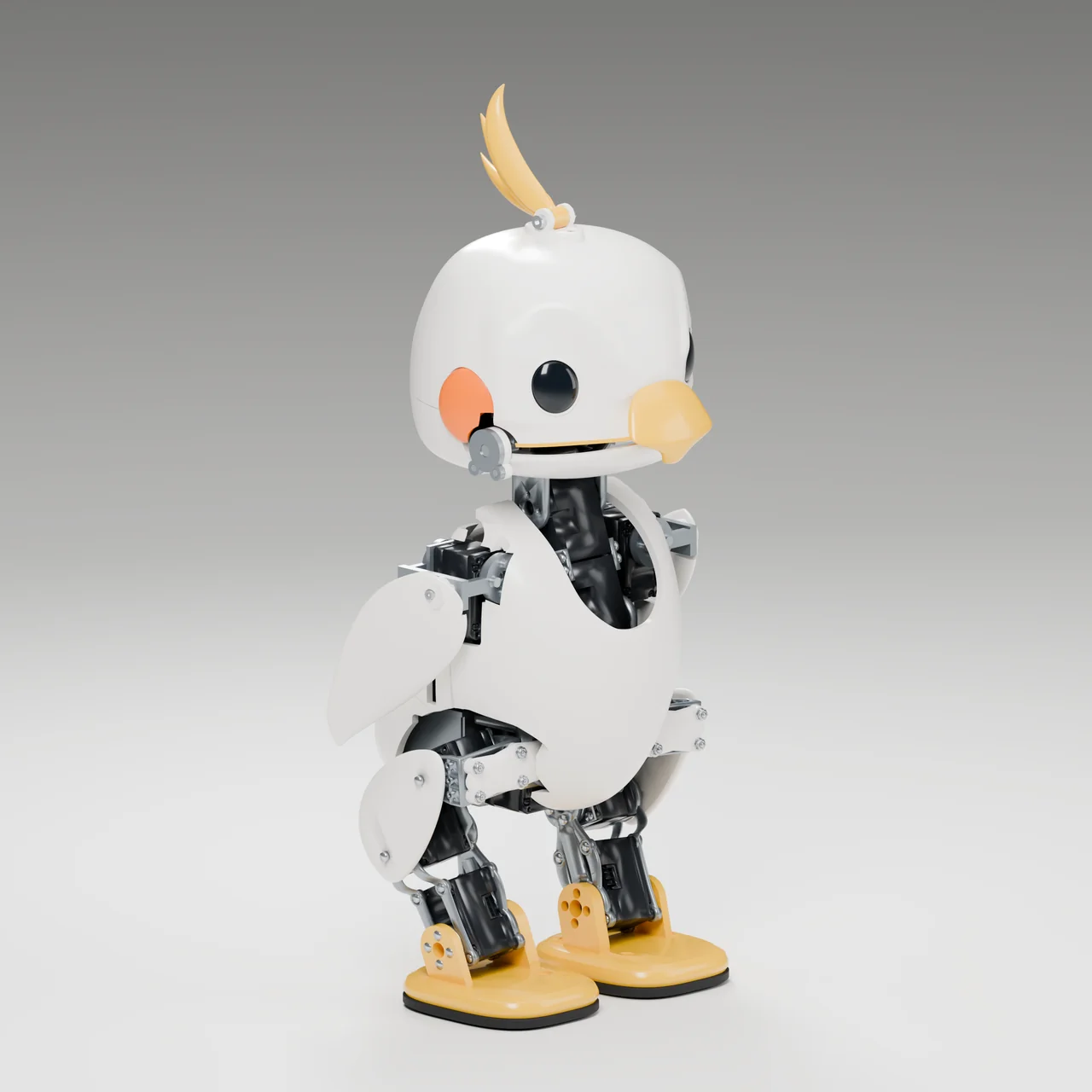 Blender render of Cockatiel, a white bird-shaped robot with orange cheeks, yellow crest and feet, and exposed articulated joints