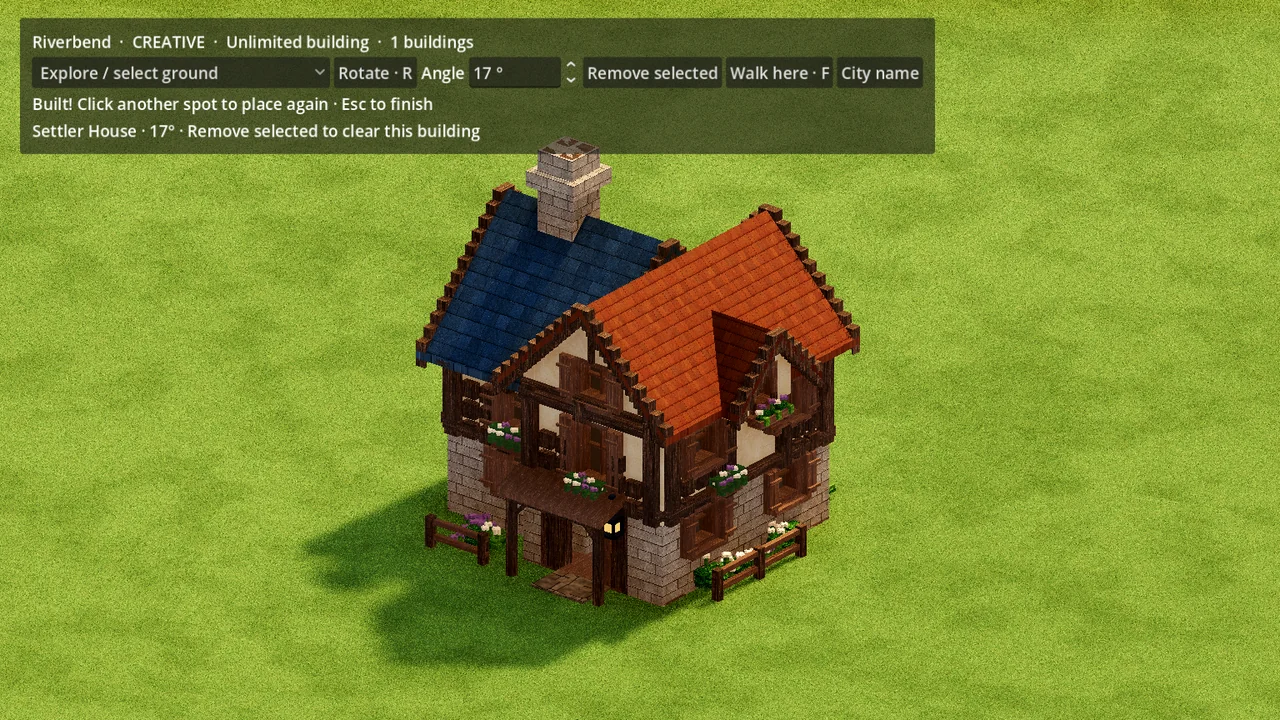 Timber-and-stone voxel cottage with blue and orange stepped roofs and flower boxes in the Godot creative building mode