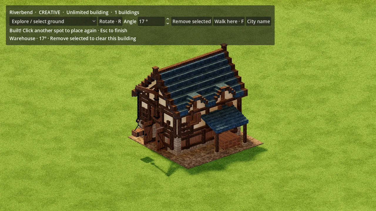 Voxel warehouse with a blue stepped roof, timber frame and loading hoist in Godot